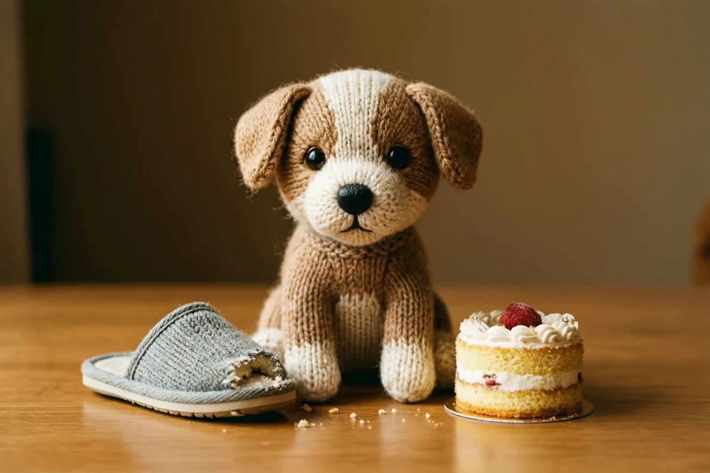 Een klein gebreid hondje zit op een houten tafel naast een kleine aangevreten pantoffel en een minitaartje met een framboos, in warm licht.