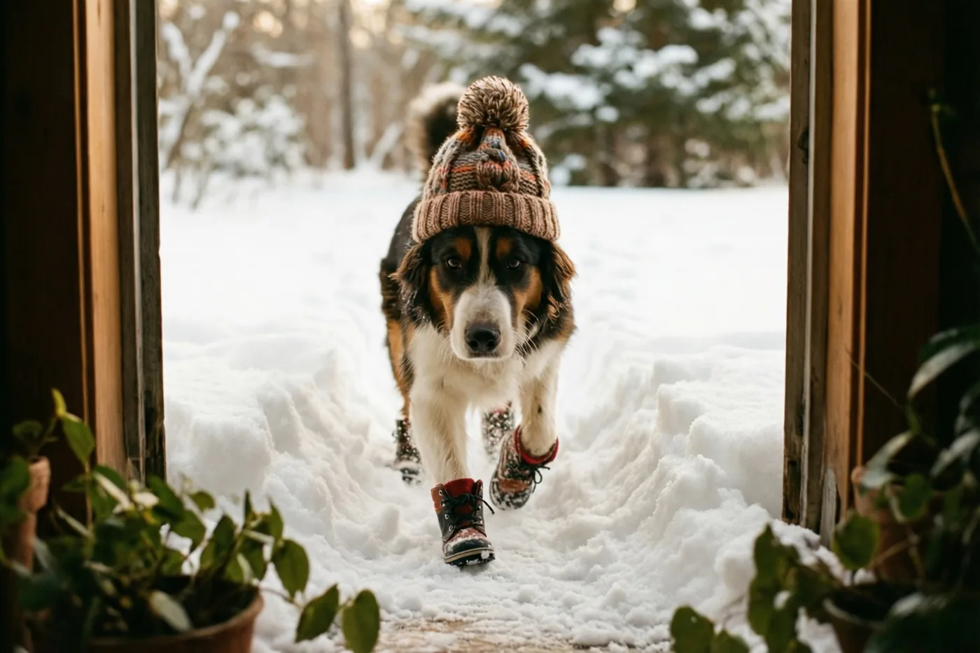 Door een houten deuropening is een hond met een gebreide muts en vier kleine laarsjes te zien die door diepe sneeuw loopt.