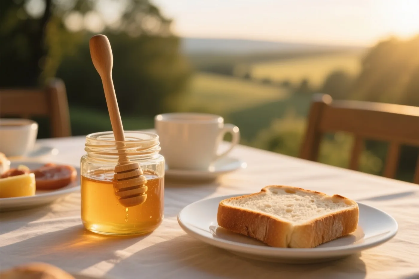 Een pot goudkleurige honing, een houten honingstokje en een snee vers brood staan buiten op een ontbijttafel in warm zonlicht, met een wazig landelijk uitzicht op de achtergrond.