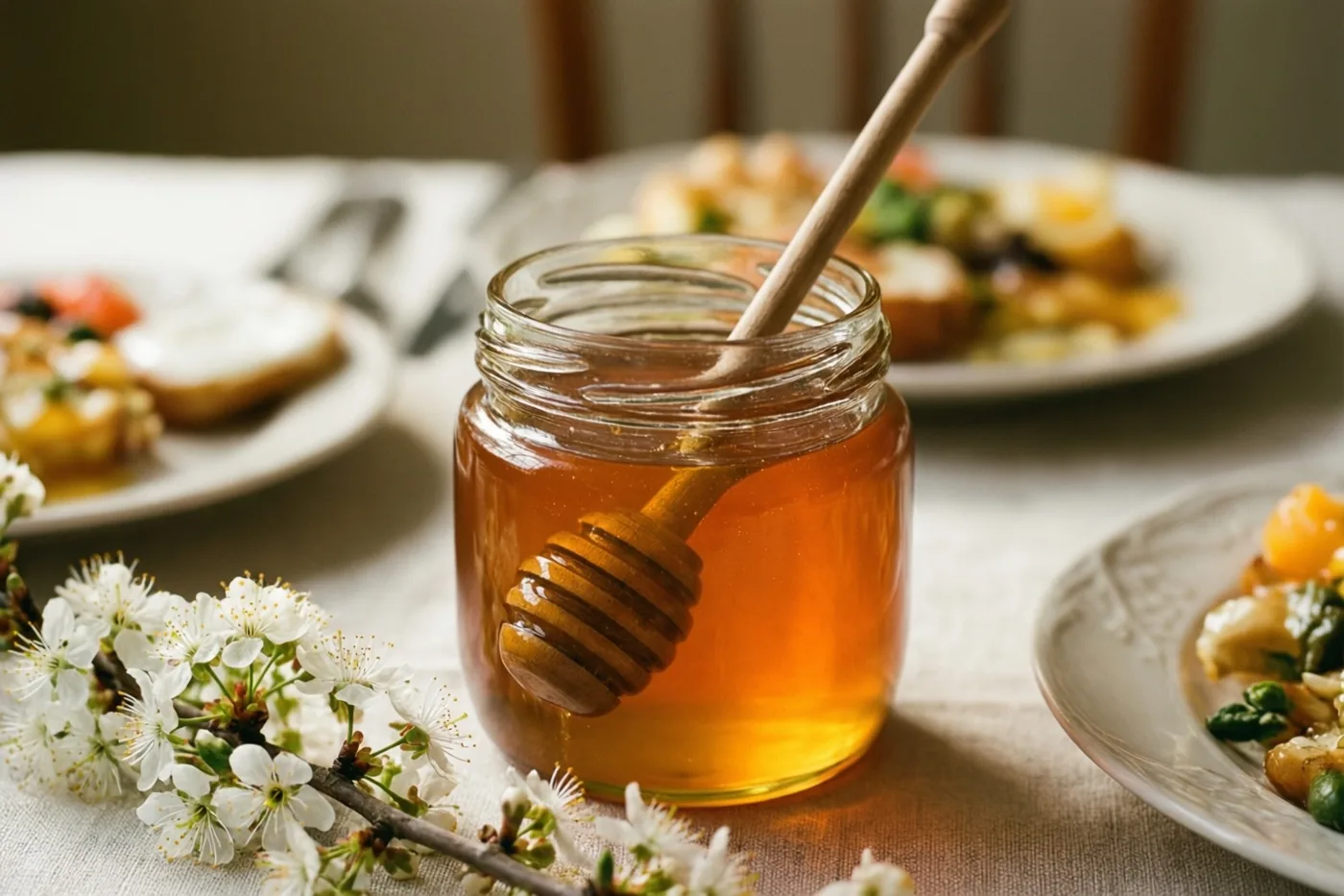 Een glazen pot goudkleurige honing met een houten honinglepel staat tussen witte bloesemtakken op een zacht verlichte ontbijttafel, met borden eten op de achtergrond.