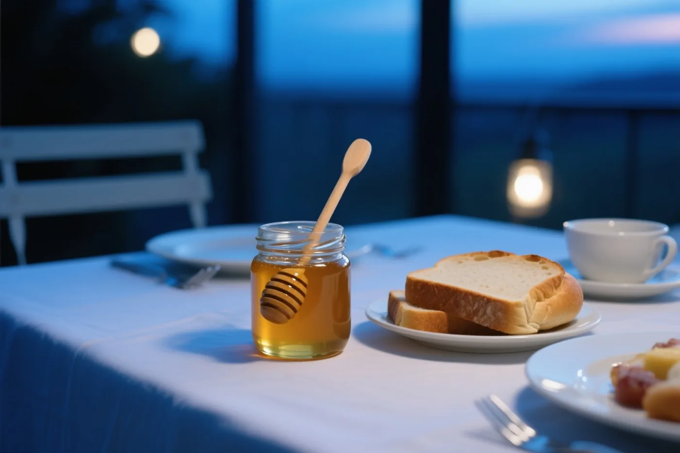 Op een ontbijttafel staan een pot honing met een houten honinglepel en sneetjes brood, met een blauwe schemerlucht en zachte lichtjes op de achtergrond.