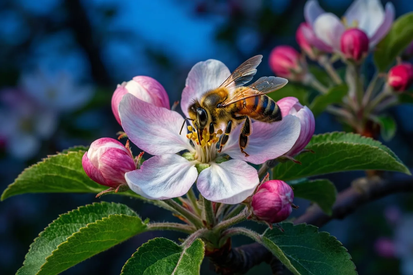 Een honingbij verzamelt stuifmeel op een roze-witte appelbloesem, met groene bladeren en onscherpe bloemen op de achtergrond.