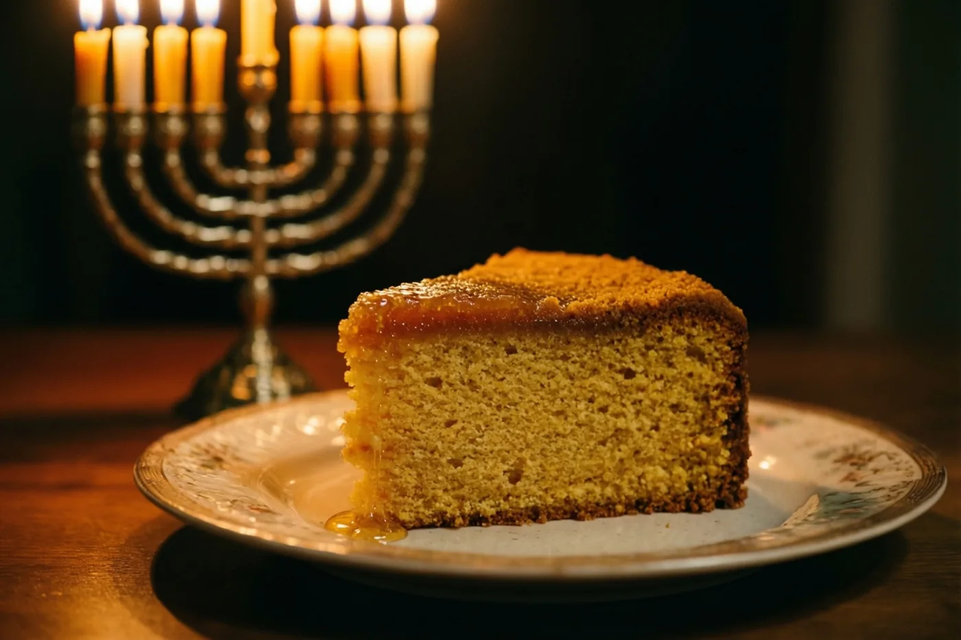 Een plak honingcake met een gekaramelliseerde bovenlaag ligt op een sierlijk bord, met een zacht gloeiende brandende kandelaar op de achtergrond in warme goud- en bruintinten.