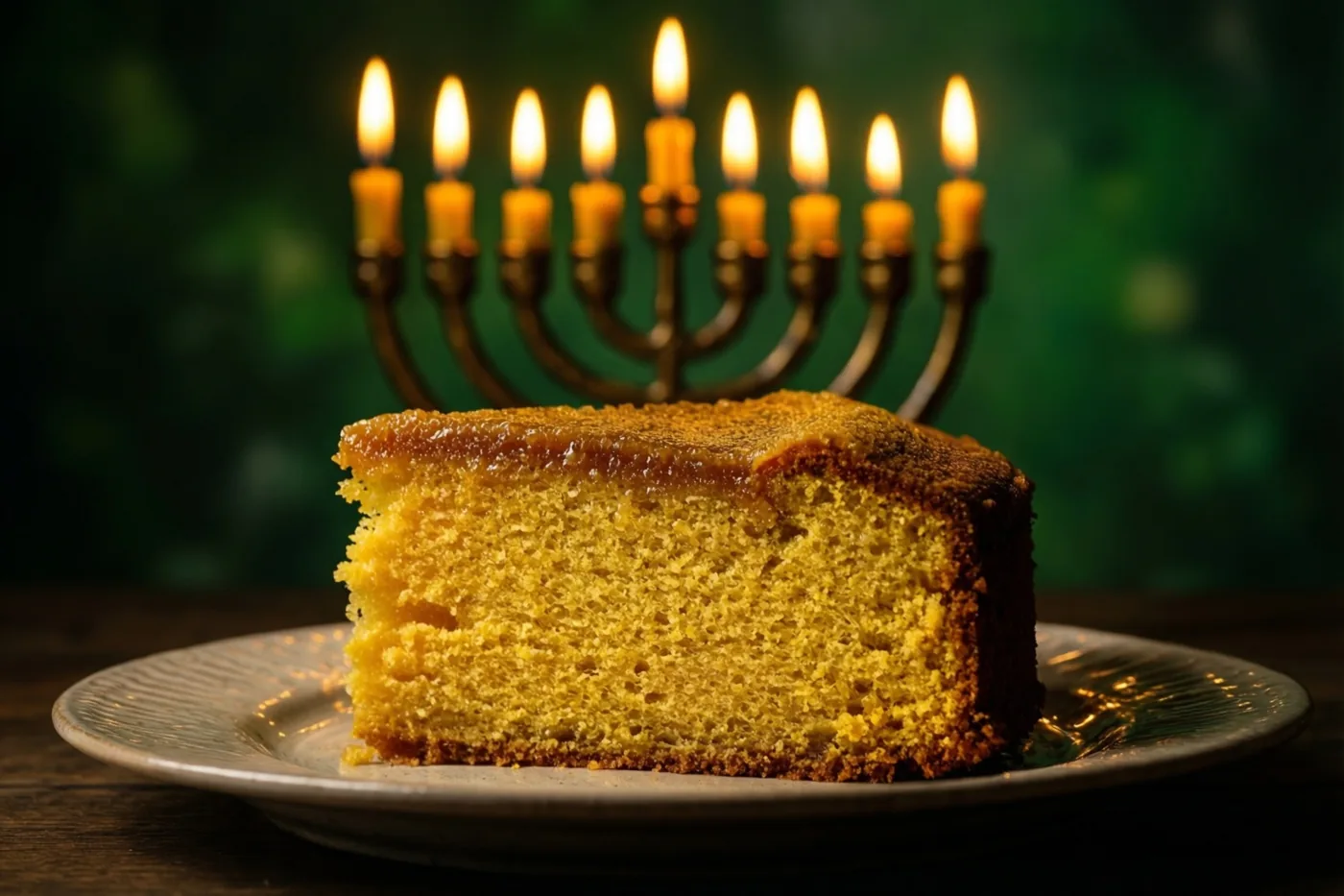 Een plak goudkleurige honingcake ligt op een keramieken bord, met een zacht gloeiende brandende kandelaar tegen een onscherpe donkergroene achtergrond.
