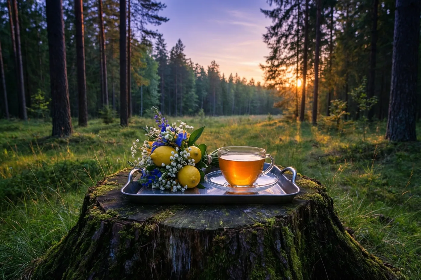 Een zilverkleurig dienblad met een glazen kop honing-citroenthee en een klein boeket met bloemen en citroenen staat op een bemoste boomstronk in een open plek in het bos bij zonsondergang.