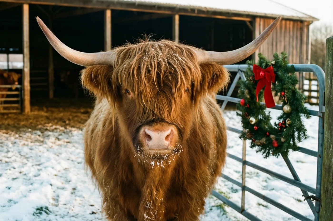 Een Schotse hooglander met sneeuw op zijn ruige pony staat op een besneeuwd boerenerf bij een metalen hek met een kerstkrans, rood lint en versiering, voor een houten schuur in goudkleurig licht.