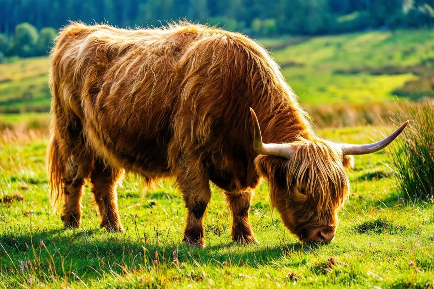 Een ruige Schotse hooglander met een lange lok voor de ogen graast in een felgroene weide in de zon.