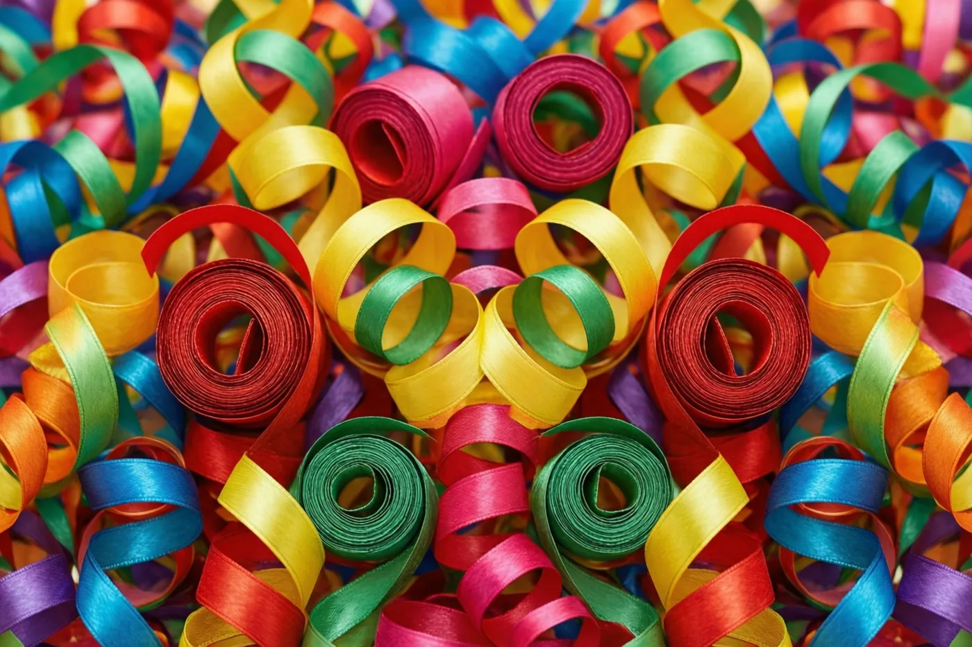Een dichte hoop gekrulde cadeaulinten in rood, geel, groen en blauw vult het beeld.