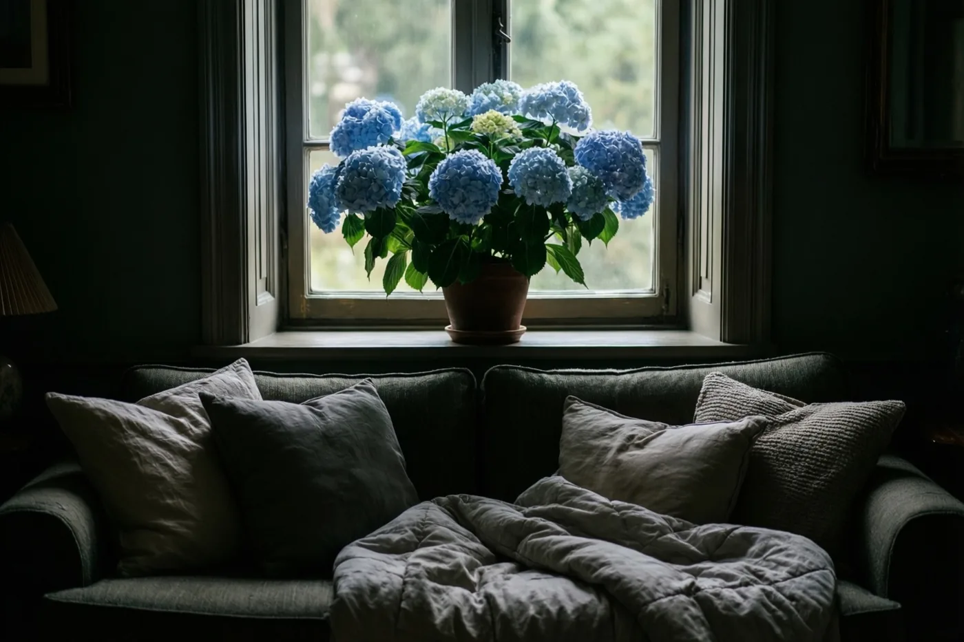 Een pot lichtblauwe hortensia’s staat op een vensterbank boven een donkergroene zetel met kussens en een verkreukeld dekbed.