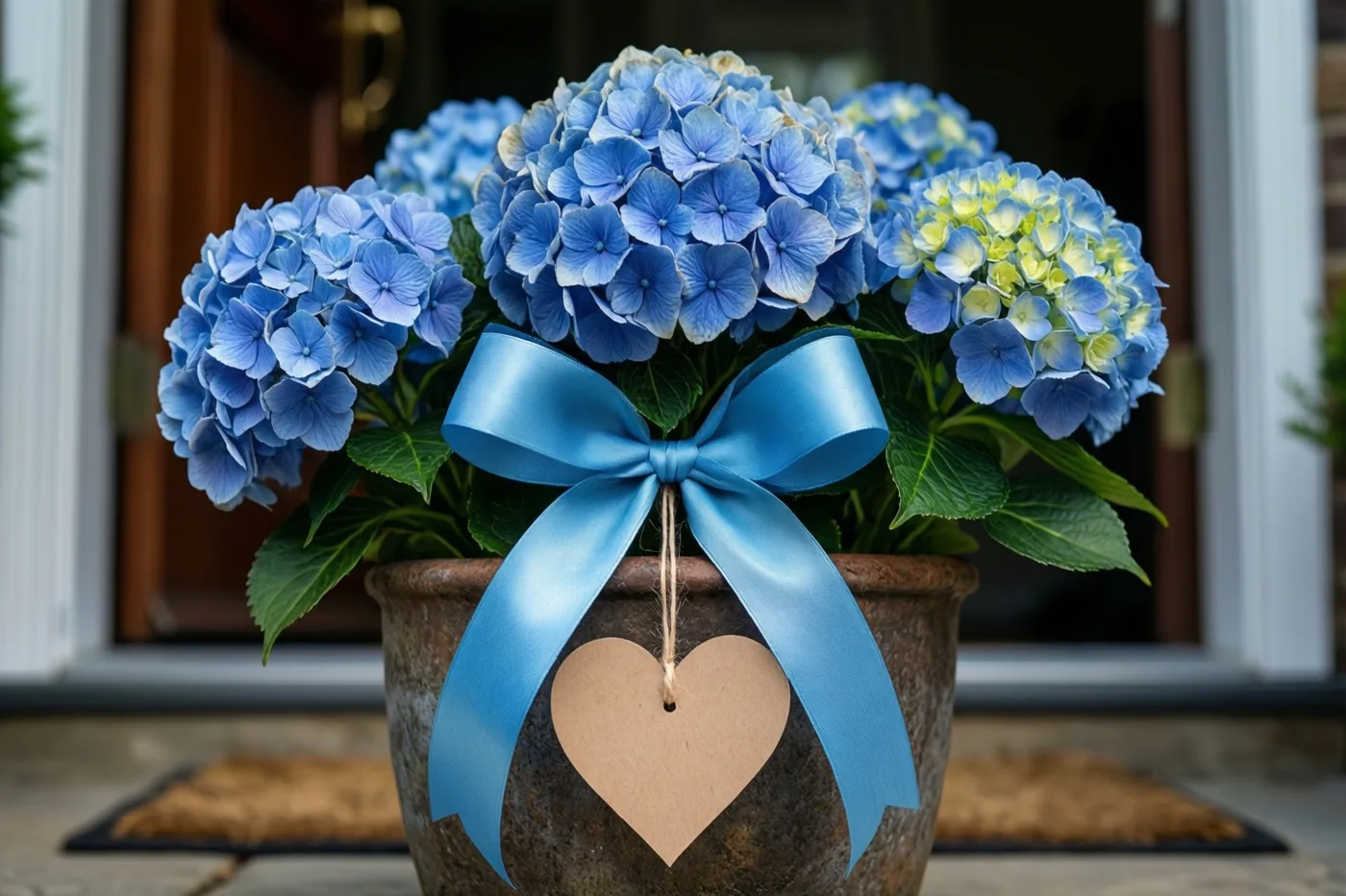 Een pot blauwe hortensia's met een groot blauw lint en een papieren hart staat op een drempel voor een houten deur met een deurmat.