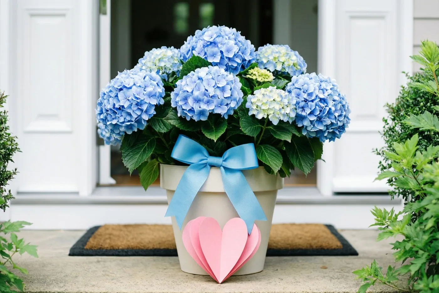 Een pot blauwe hortensia's met een lichtblauw lint en een roze papieren hart staat op een voordeurdrempel voor witte deuren, met groen aan weerszijden.