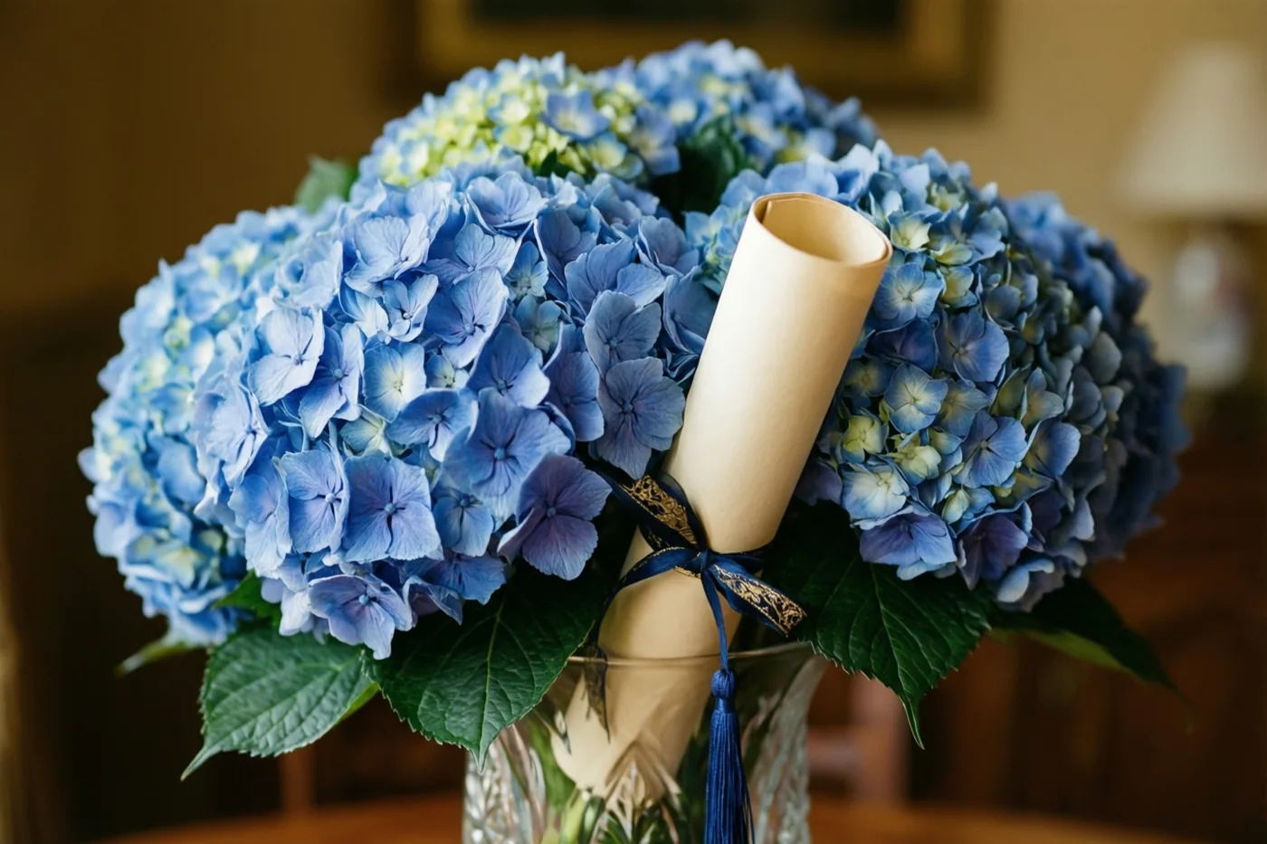 Een opgerold diploma met een blauw lint zit tussen een groot boeket blauwe hortensia's in een glazen vaas, binnen in zacht warm licht met een wazige achtergrond.