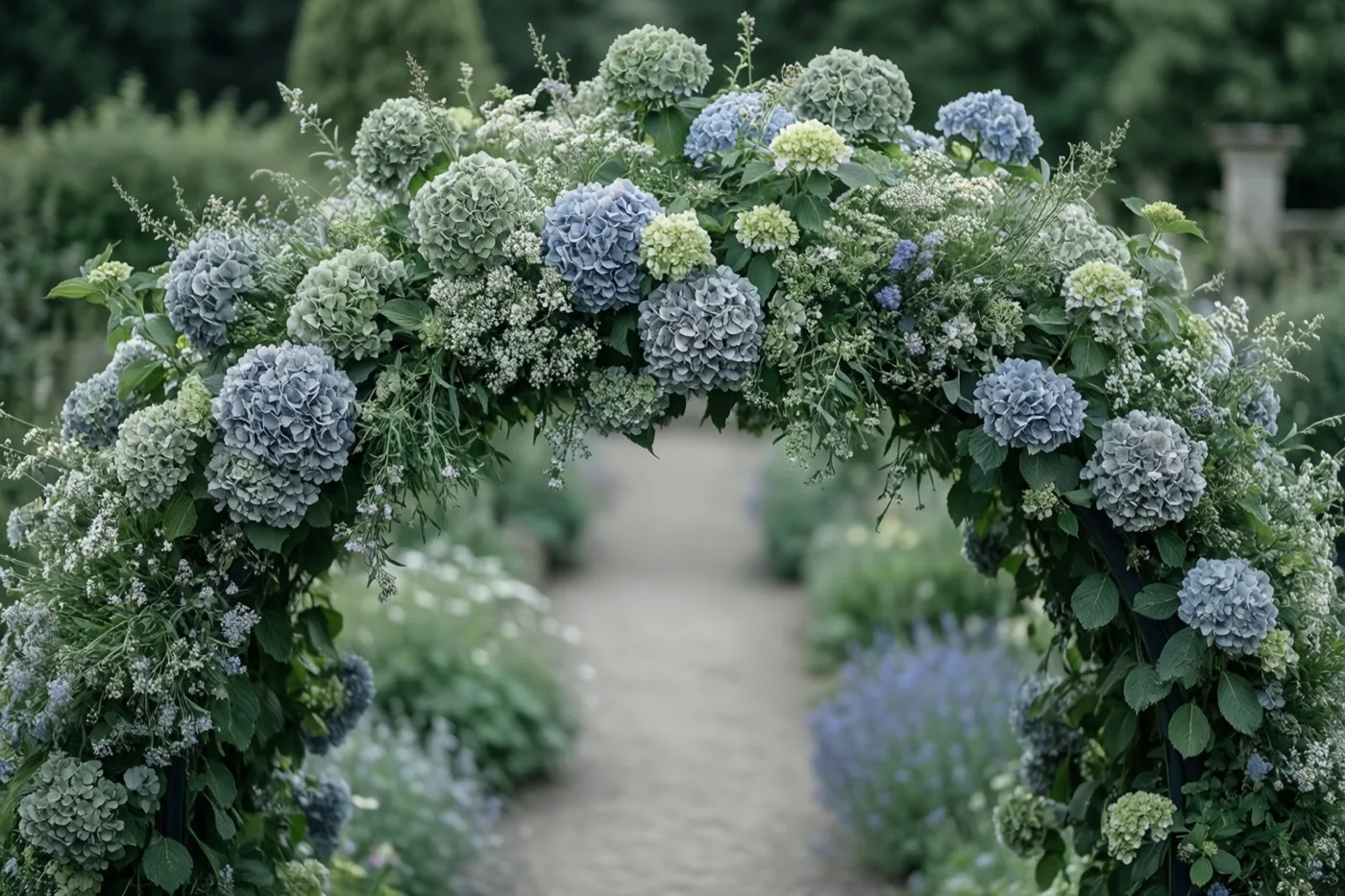 Een weelderige boog van hortensia’s en groen overspant een tuinpad in een rustige tuin met zachte blauwe, groene en witte tinten.