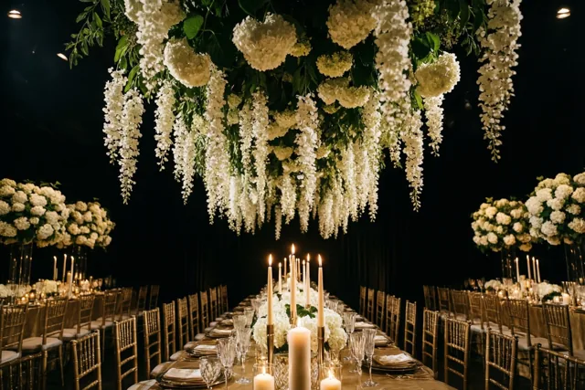 Boven een lange trouwtafel met brandende kaarsen en kristallen glazen hangt een weelderige wolk witte hortensia’s, met gouden stoelen tegen een donkere achtergrond.