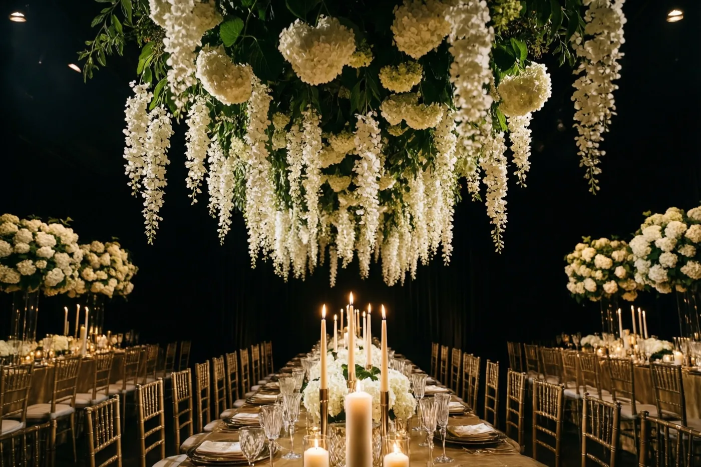 Boven een lange trouwtafel met brandende kaarsen en kristallen glazen hangt een weelderige wolk witte hortensia’s, met gouden stoelen tegen een donkere achtergrond.