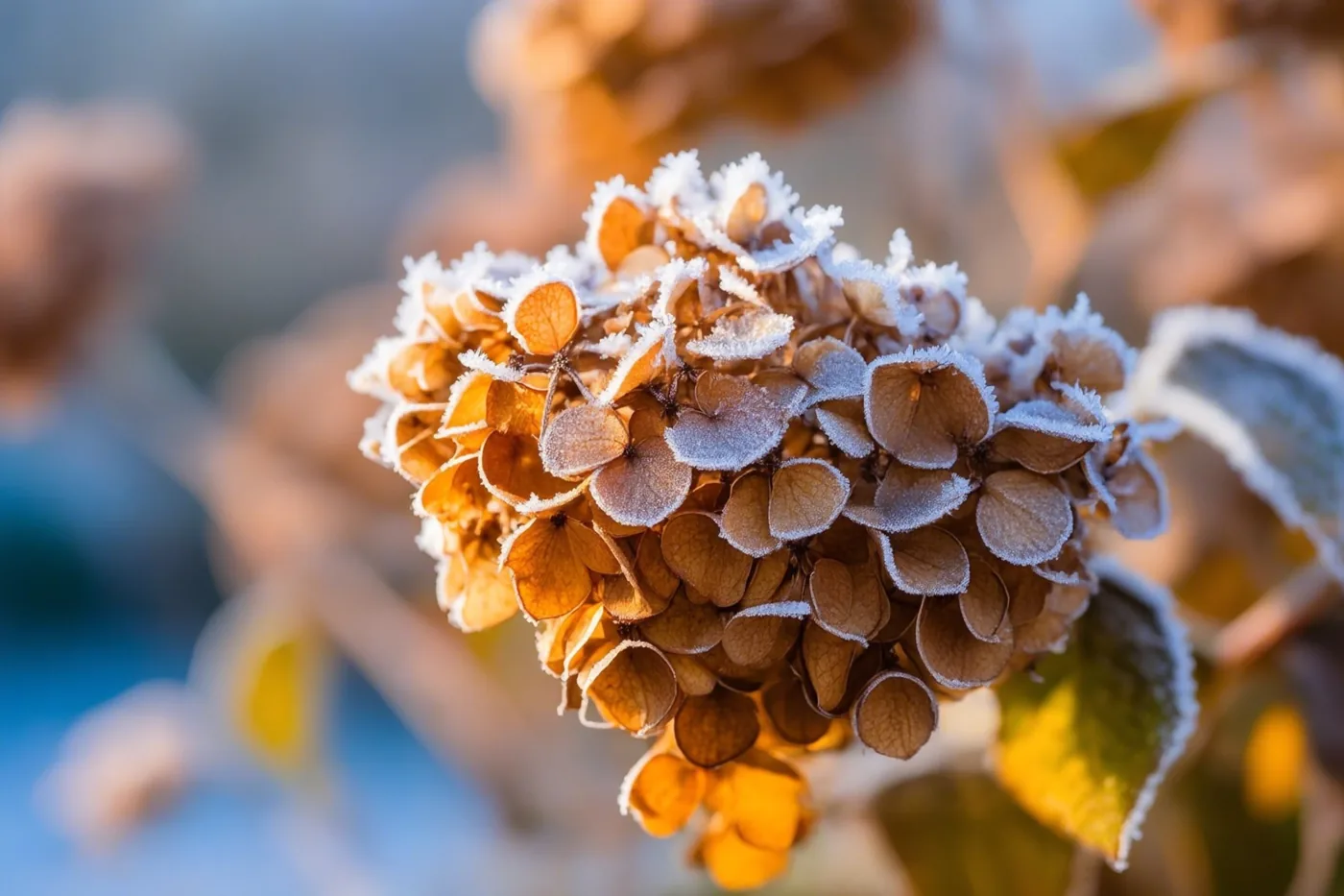 Een close-up toont berijpte, verdroogde bloemhoofden van hortensia's in warm zonlicht tegen een zachtblauwe achtergrond.
