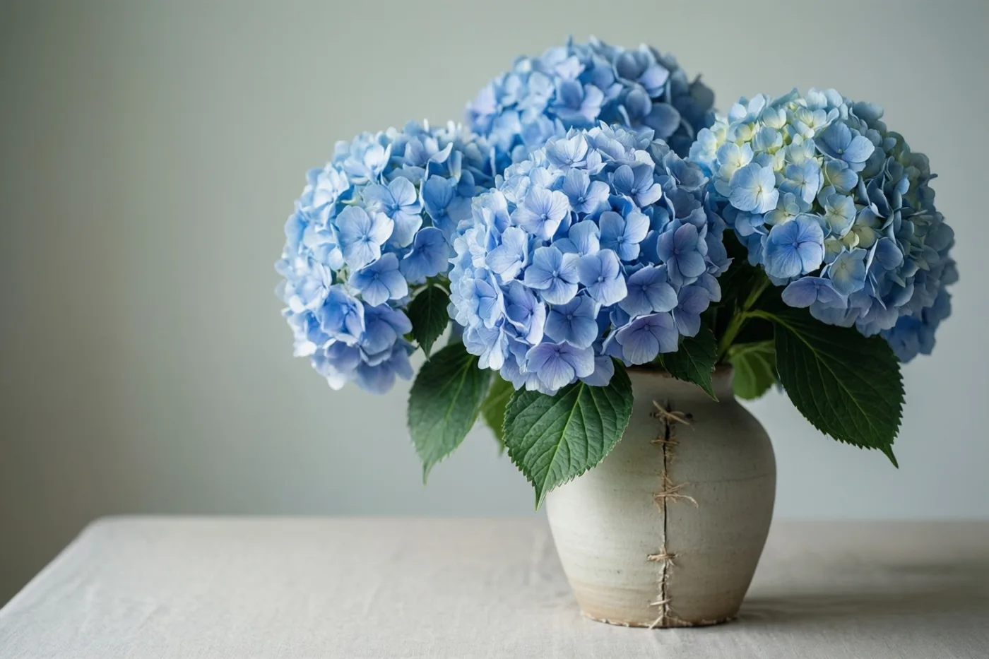 Blauwe hortensia's staan in een lichte keramische vaas met zichtbare herstelsteken op een tafel met een lichte doek, in zachte blauwe, groene en beige tinten.