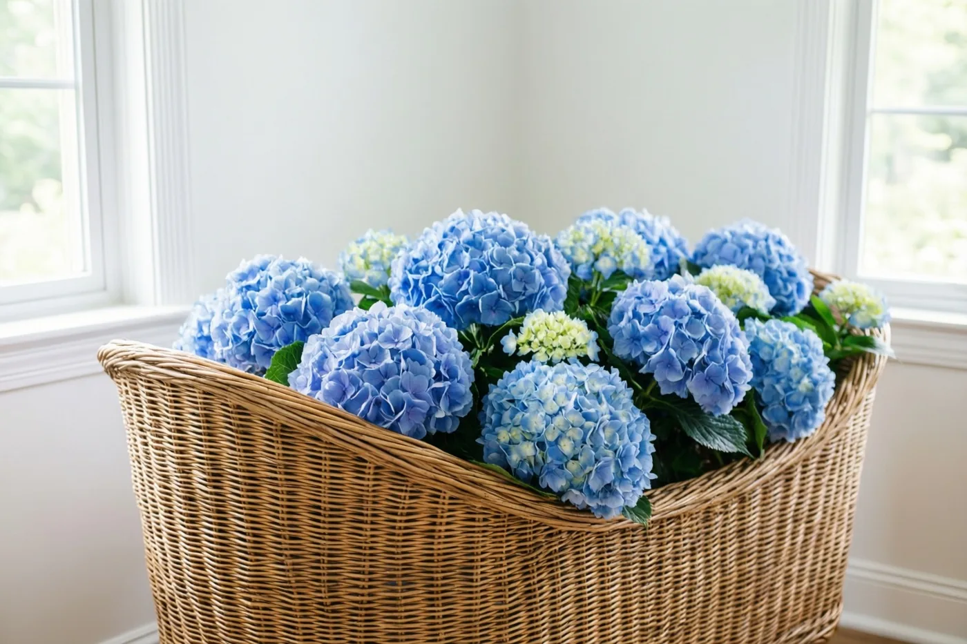 Een grote rieten mand met uitbundige blauwe hortensia’s staat in een lichte kamer met witte muren en ramen.