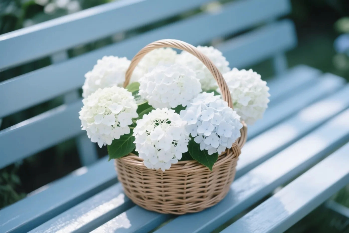 Een rieten mand met witte hortensia's staat op een lichtblauwe houten tuinbank in zacht daglicht.