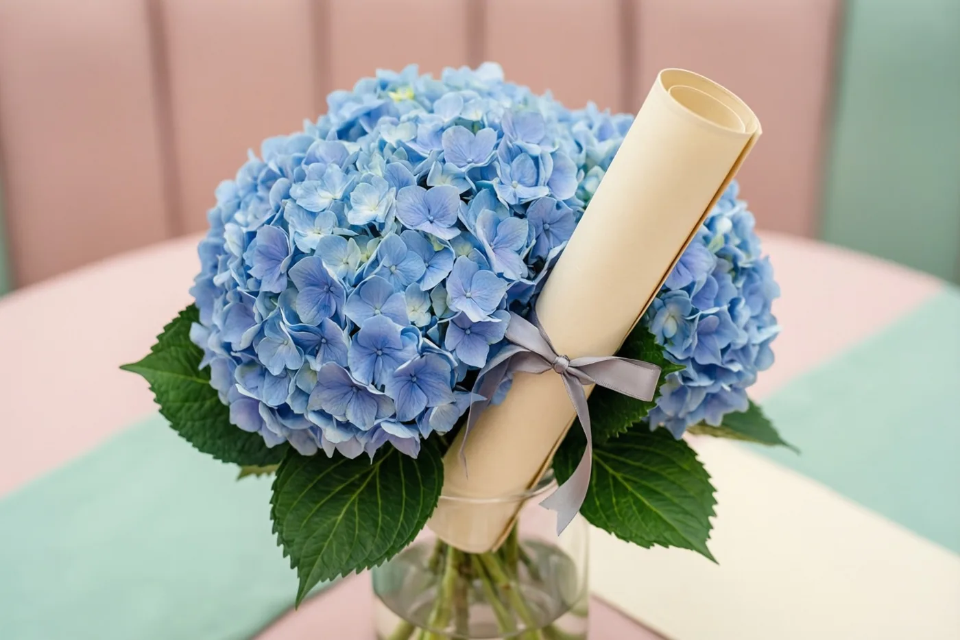Een opgerold diploma met een grijs lint zit tussen blauwe hortensia's in een heldere glazen vaas op een pastelkleurige tafel, met zachtroze en mintgroene tinten.