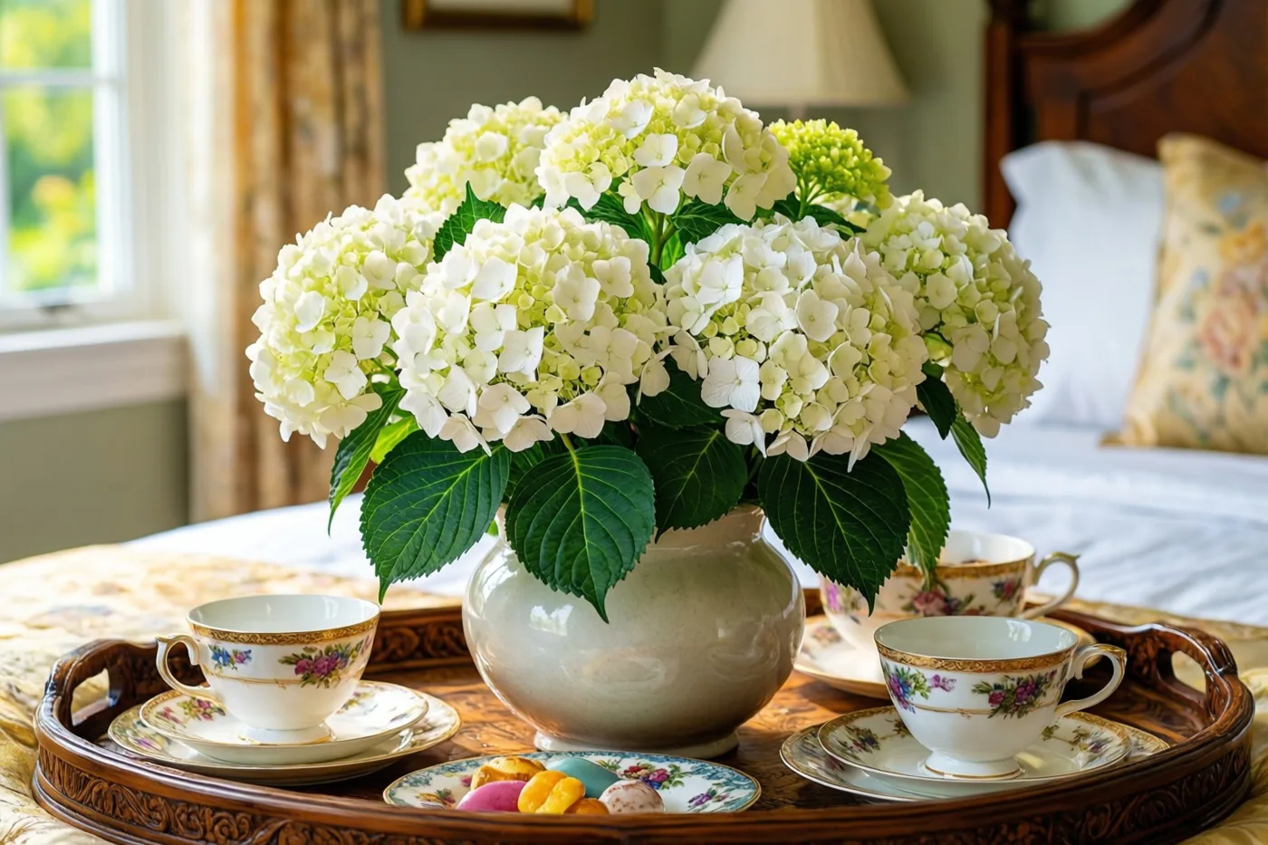 Een grote bos witte hortensia's in een keramieken schaal staat met porseleinen kopjes en schoteltjes op een sierlijk houten dienblad op een bed bij een raam.