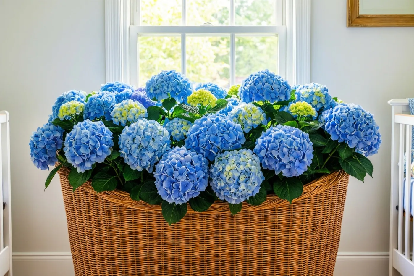 Een grote rieten mand vol blauwe hortensia’s staat voor een zonnig raam in een babykamer met witte muren.