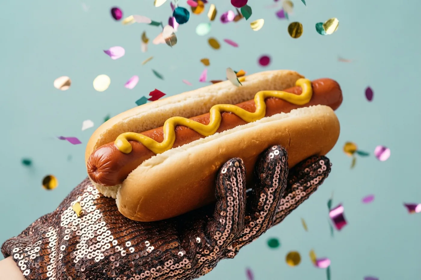 Een hand in een bruine paillettenhandschoen houdt een hotdog met mosterd vast tegen een lichtblauwe achtergrond met vallende gekleurde confetti.