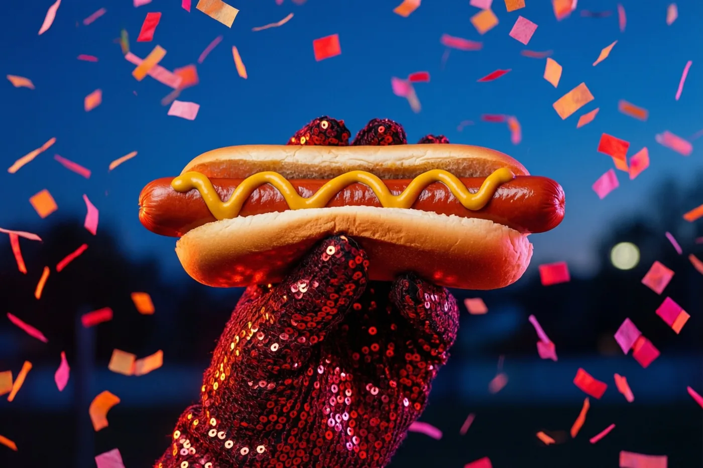 Een hand in een rode paillettenhandschoen houdt een hotdog met mosterd vast tegen een donkerblauwe achtergrond, terwijl rode, oranje en roze confetti valt.