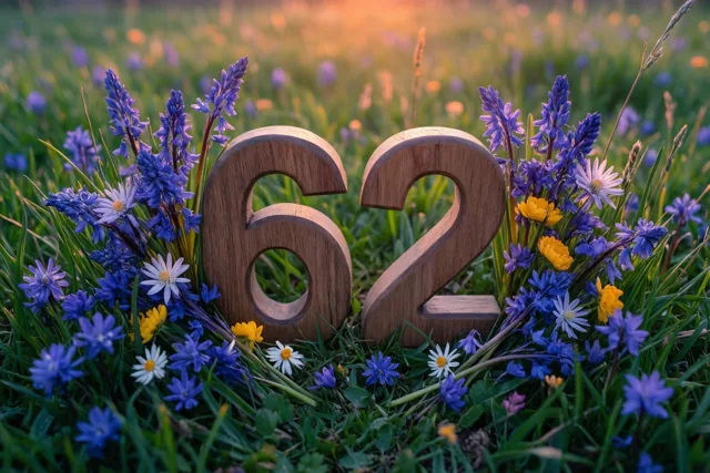 Houten cijfers 62 staan in een weide met paarse, witte en gele lentebloemen in warm zonlicht.