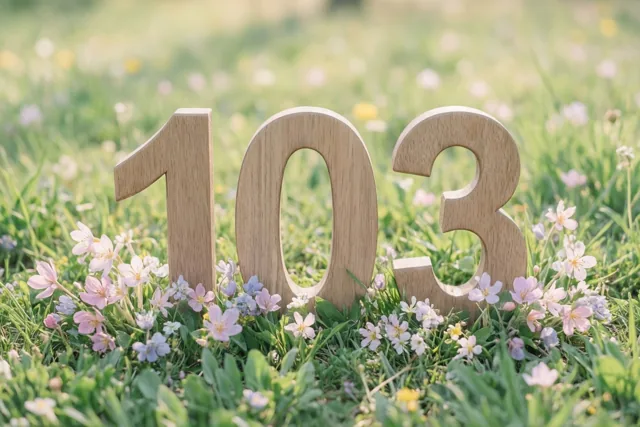 Houten cijfers vormen 103 in een zonnige grasweide met kleine roze en witte lentebloemen.