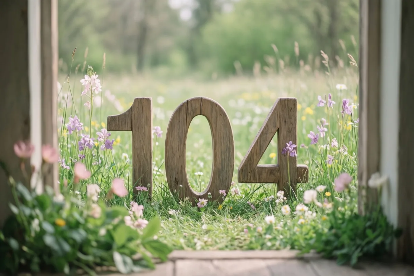 Houten cijfers vormen 104 in een grasweide met lentebloemen, gezien door een houten omlijsting in zacht zonlicht.