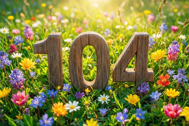 Houten cijfers vormen 104 in een zonnige weide met groen gras en gele, paarse en roze lentebloemen.