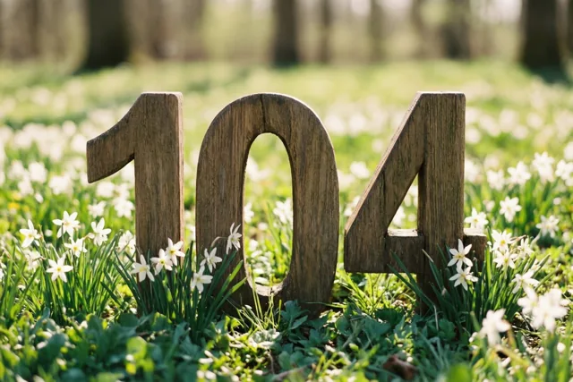 Houten cijfers vormen 104 in een zonnige grasweide met witte lentebloemen.