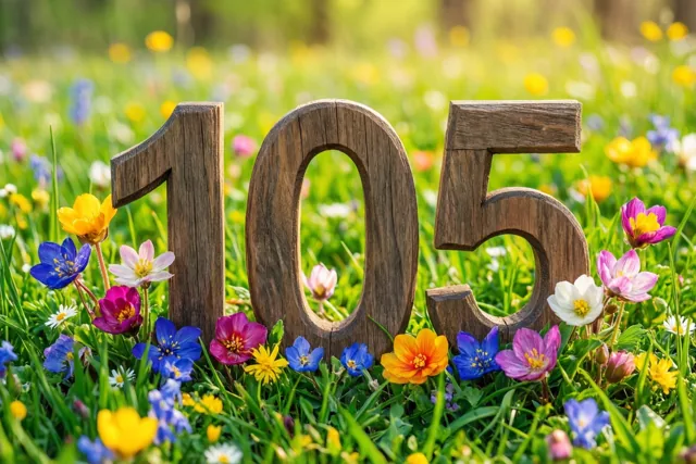 Houten cijfers vormen 105 in een zonnige groene weide met blauwe, gele, roze en witte lentebloemen.