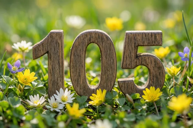 Houten cijfers vormen 105 in een zonnige weide met groen gras en gele, witte en paarse lentebloemen.