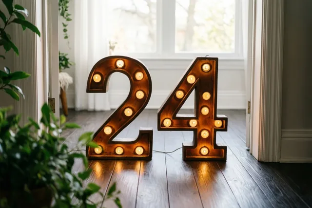 Grote houten cijfers vormen 24 met brandende theelichtjes op een donkere houten vloer bij een raam met daglicht en groene planten.