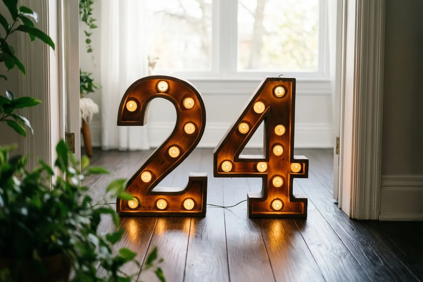Grote houten cijfers vormen 24 met brandende theelichtjes op een donkere houten vloer bij een raam met daglicht en groene planten.