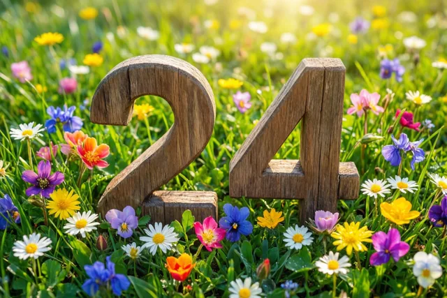 Houten cijfers die 24 vormen staan in een zonnige weide met gele, paarse, roze en witte lentebloemen.