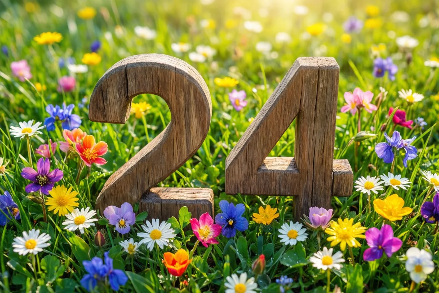 Houten cijfers die 24 vormen staan in een zonnige weide met gele, paarse, roze en witte lentebloemen.