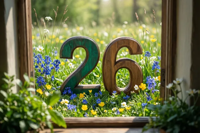 Door een open raamkozijn zijn houten cijfers die 26 vormen te zien in een zonnige weide met blauwe en gele lentebloemen.