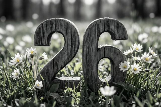 Een zwart-witfoto toont houten cijfers die 26 vormen in een grasweide met kleine witte lentebloemen en een zacht vervaagde achtergrond.