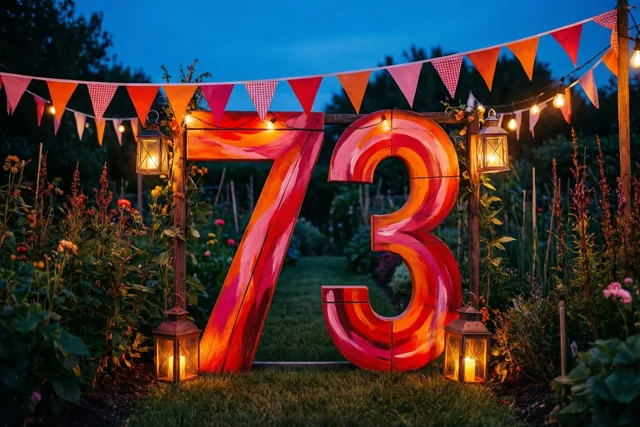 Een groot beschilderd houten bord met 73 staat bij schemering in een groene tuin met brandende lantaarns, kleurrijke vlaggetjes en een blauwe lucht.