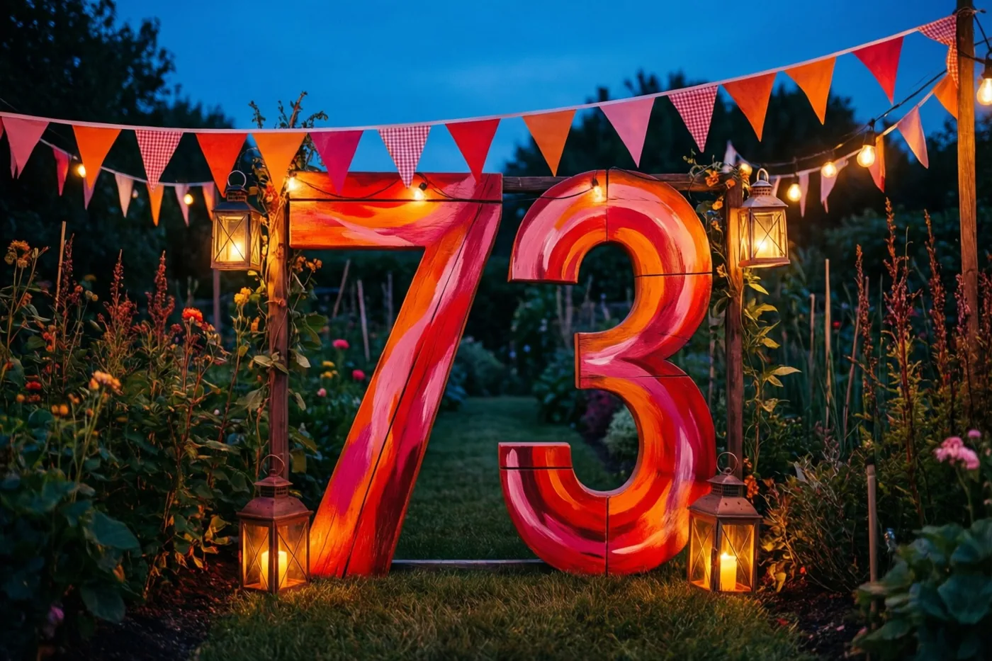Een groot beschilderd houten bord met 73 staat bij schemering in een groene tuin met brandende lantaarns, kleurrijke vlaggetjes en een blauwe lucht.