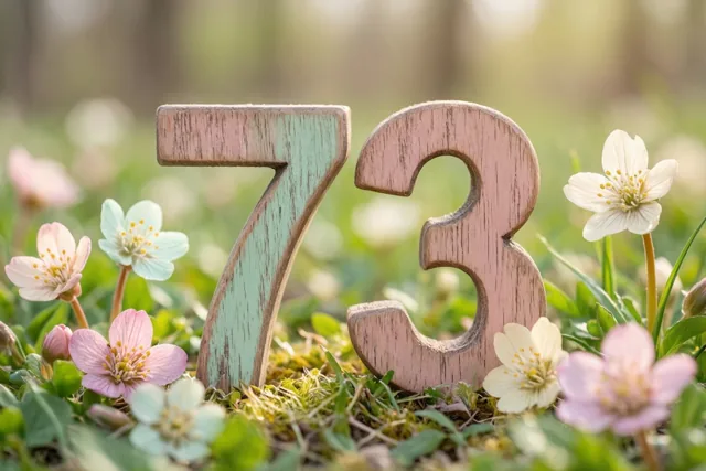 Houten cijfers vormen het getal 73 in een zonnige grasweide met kleine lentebloemen en een onscherpe achtergrond.