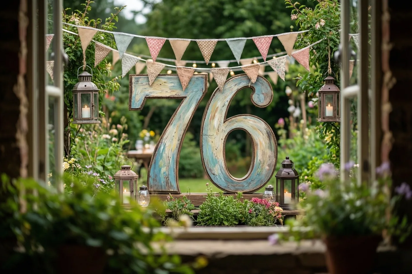 Door een raamkozijn is een tuin te zien met grote houten cijfers 76, groen, vlaggetjes en brandende lantaarns.