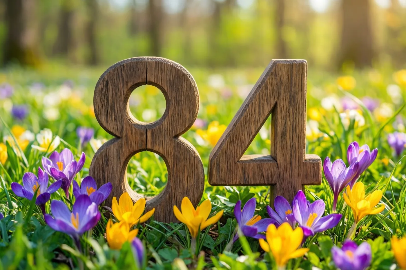 Houten cijfers 84 staan in een zonnige weide met paarse en gele krokussen en een onscherp bos op de achtergrond.