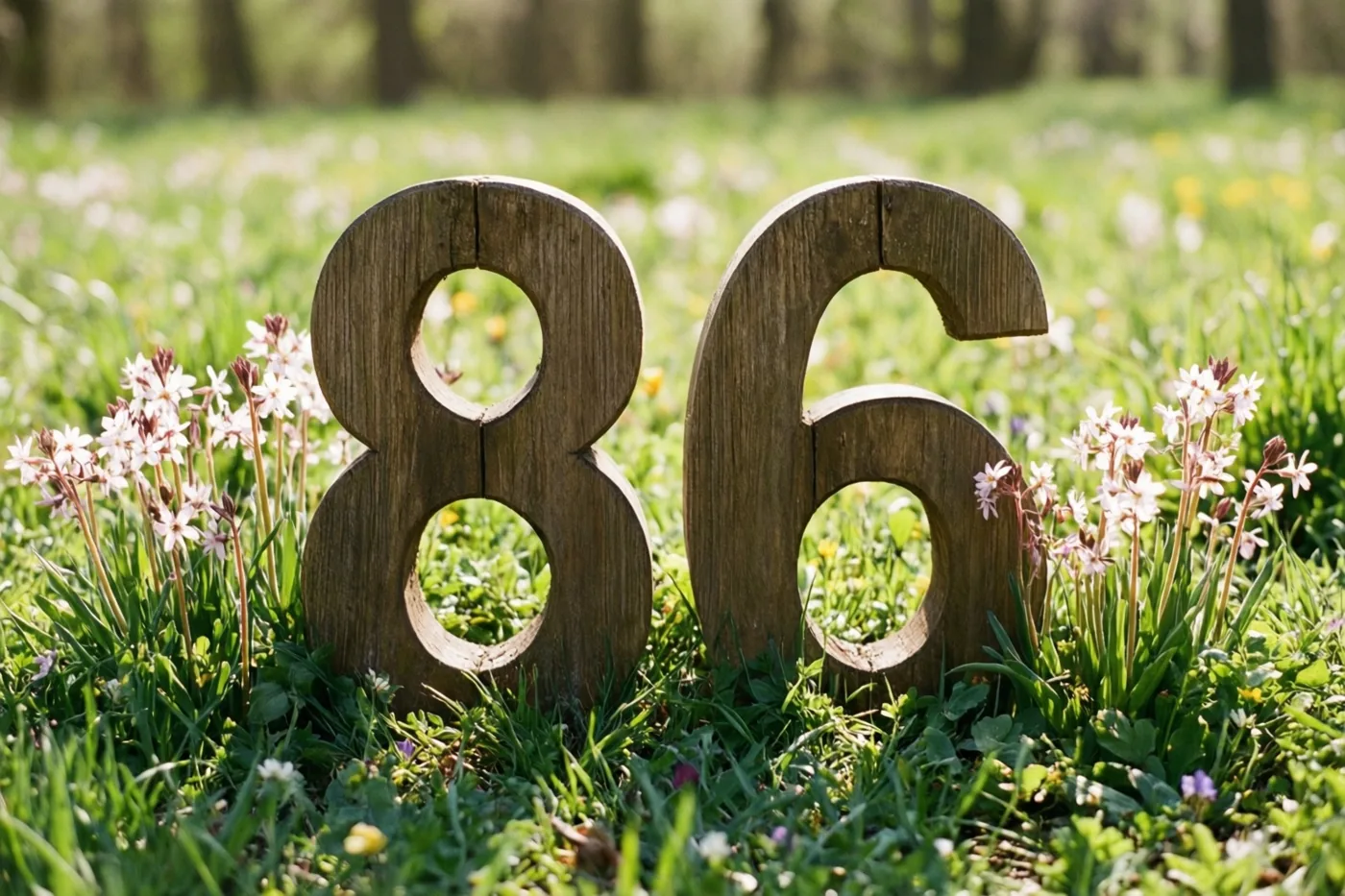 Houten cijfers 86 staan rechtop in een zonnige weide met groen gras en witte en gele lentebloemen.