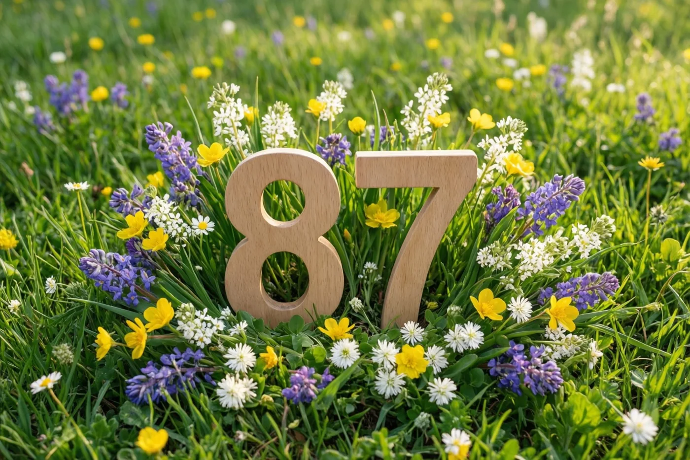 Houten cijfers vormen 87 in een zonnige weide met lentebloemen in groene, gele en paarse tinten.