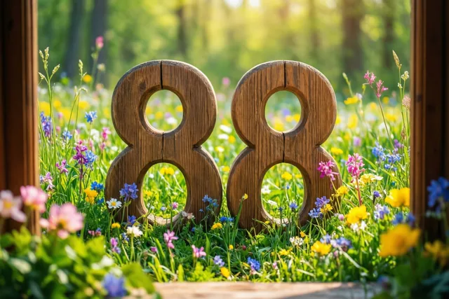 Twee houten achten staan in een zonnige weide met kleurrijke lentebloemen, gezien door een houten raamkozijn.