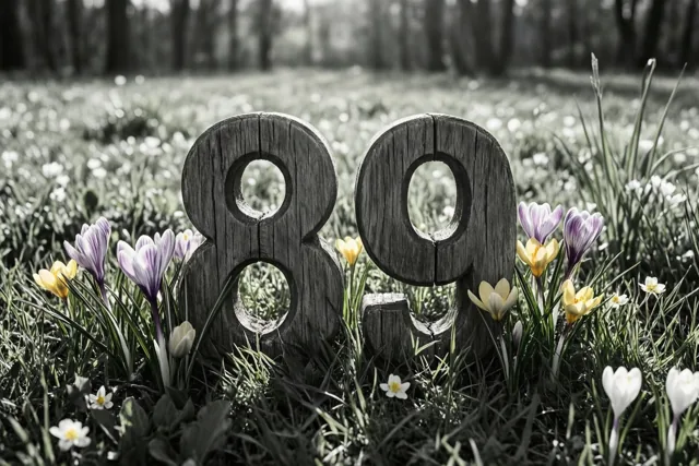 Houten cijfers vormen 89 in een grasweide met lentebloemen, waarbij gele en paarse bloemen opvallen tussen gedempte tinten.